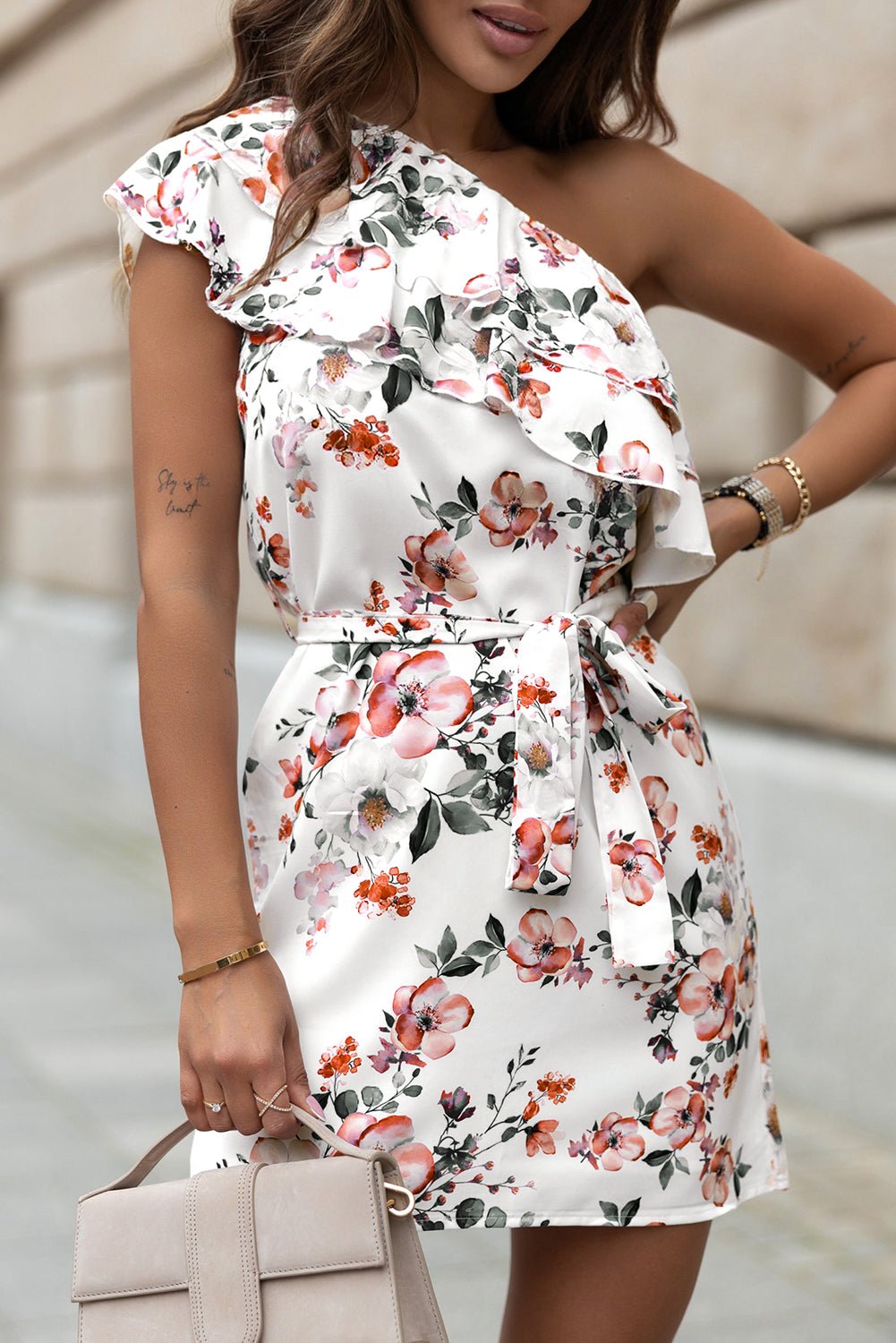 One Shoulder Tie Floral Dress