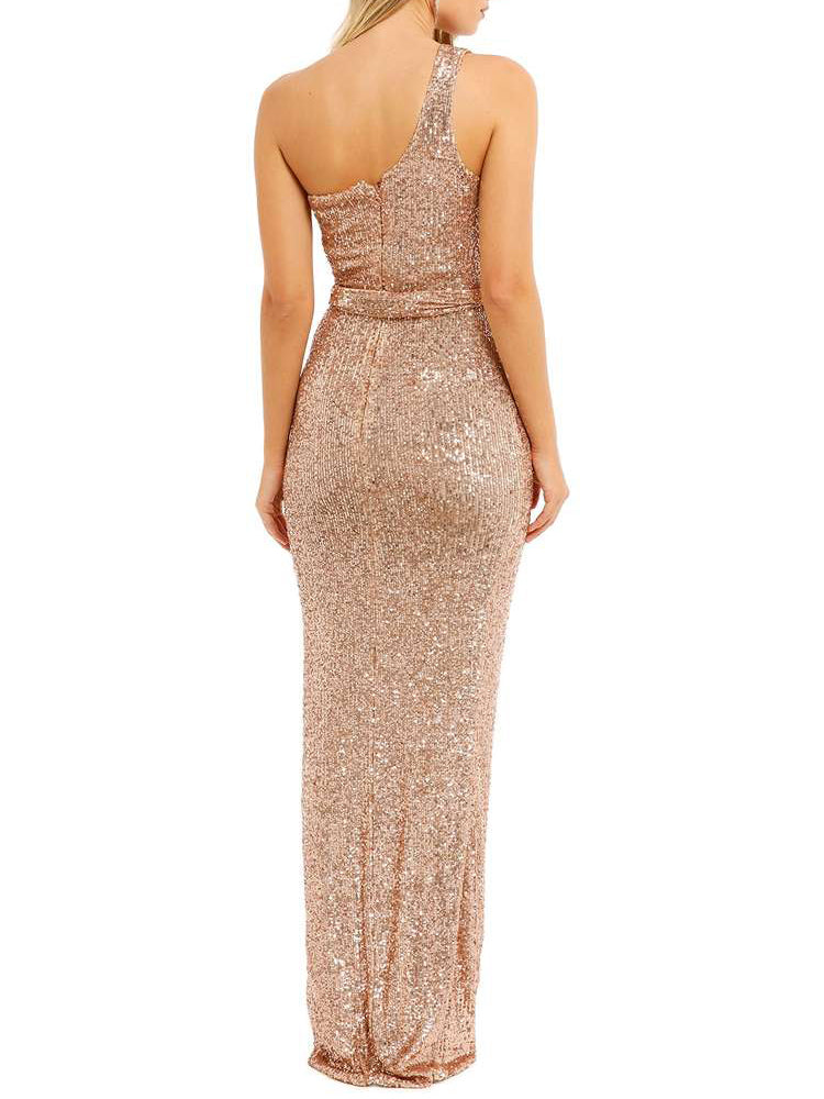 Sequin One Shoulder Side Sleeveless Slit Evening Gown