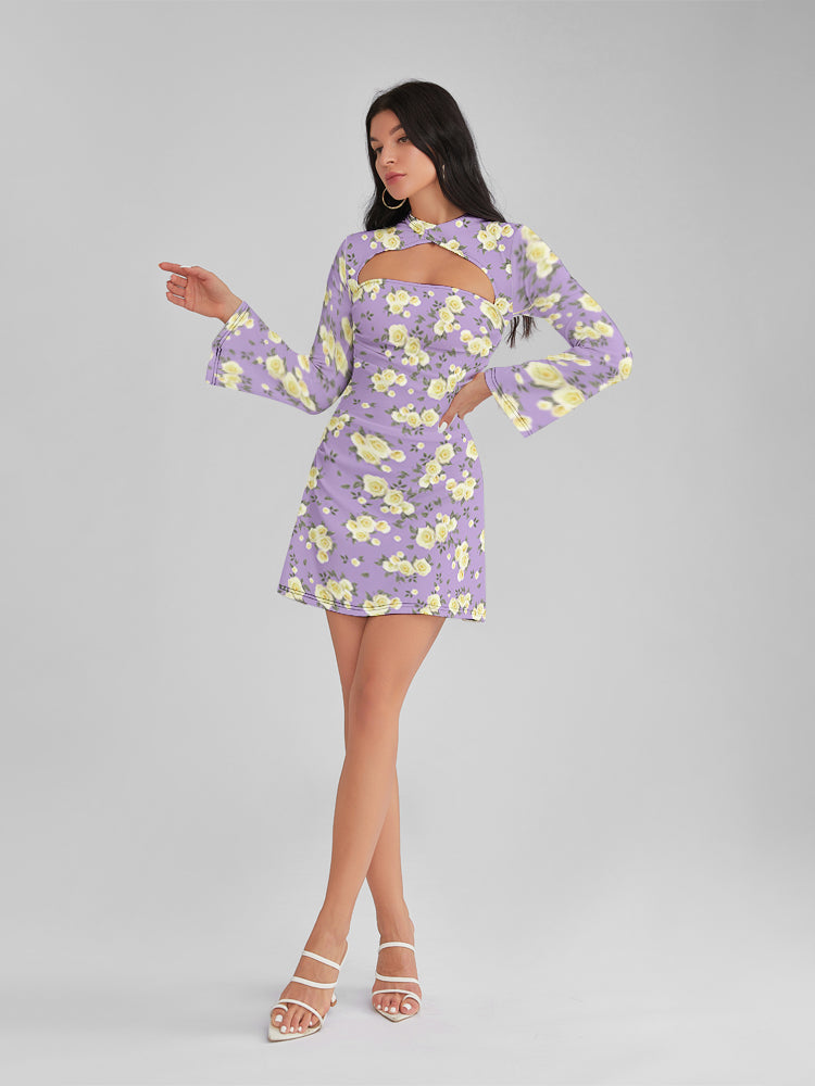 Emily In Paris Pattern Purple Floral Crew Neck Cutout Mini Dress