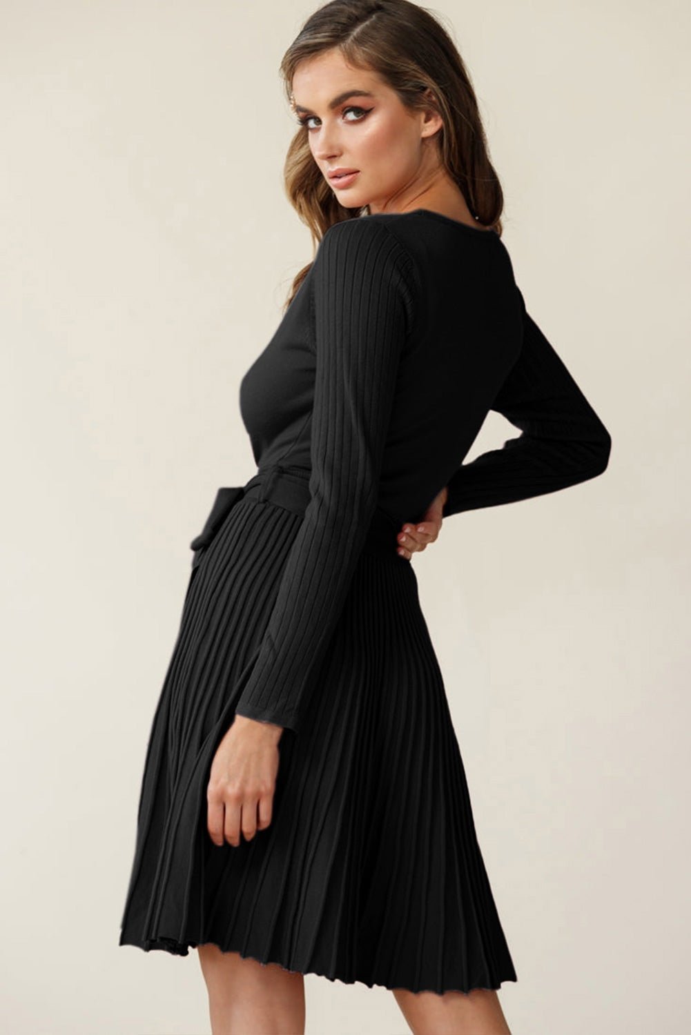 Black Belted V Neck Ribbed Pleated Sweater Dress