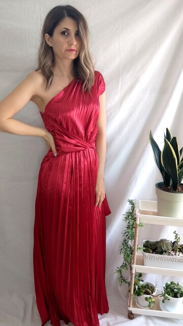 Satin Pleated Drape Sleeve Floor-Length Dresses