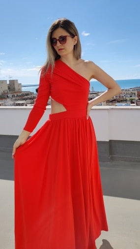 One Shoulder Long Sleeve Hollow Pleated Dress