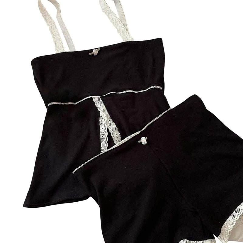 Black Lace Trim Cami Top And Shorts Set