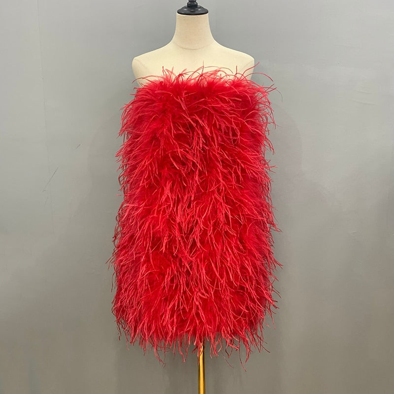 Ostrich Feather Mini Dresses With Shoulder Strap