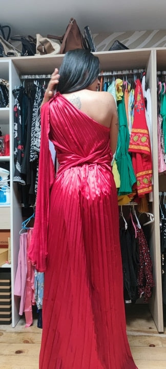 Satin Pleated Drape Sleeve Floor-Length Dresses