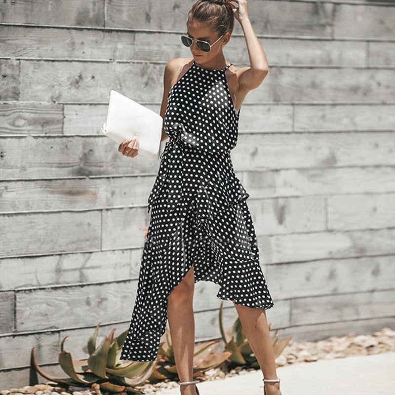 Dot Off Shoulder Ruffles Long Dresses