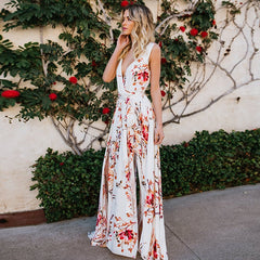 Chiffon Split Boho Floral Print Maxi Dress