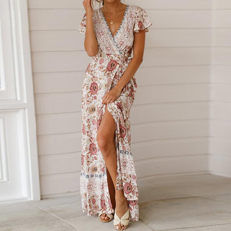 Vintage Floral Print Boho Short Sleeve Split Maxi Dresses