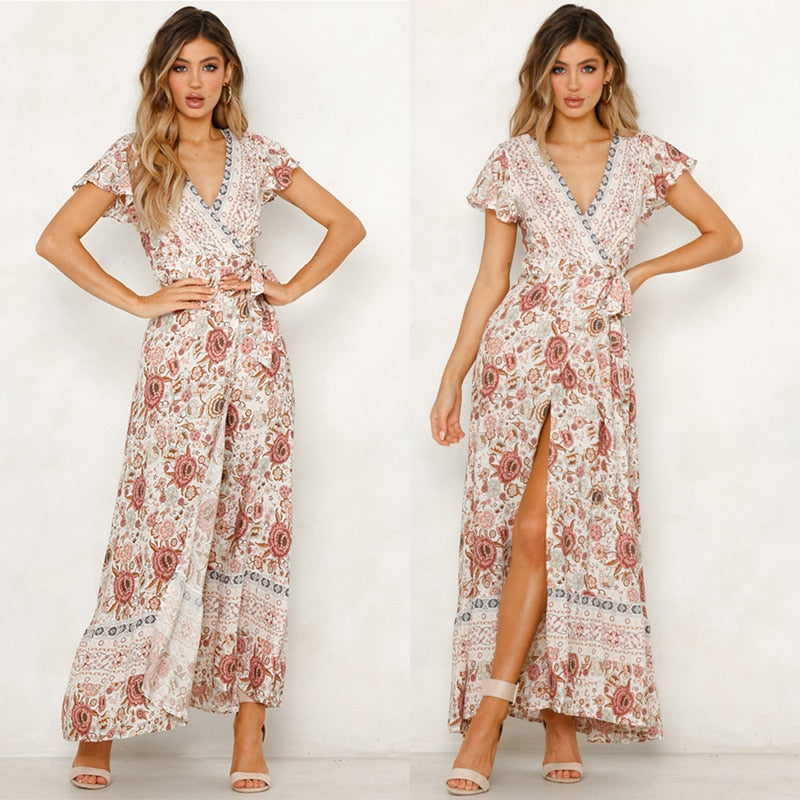 Vintage Floral Print Boho Short Sleeve Split Maxi Dresses