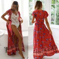 Vintage Floral Print Boho Short Sleeve Split Maxi Dresses