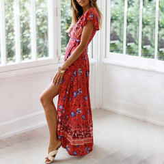 Vintage Floral Print Boho Short Sleeve Split Maxi Dresses