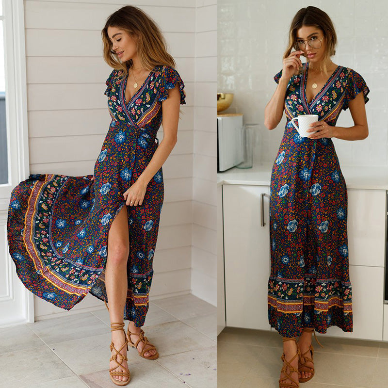 Vintage Floral Print Boho Short Sleeve Split Maxi Dresses