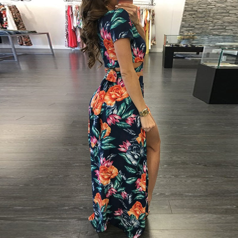 Boho Floral Print Split Maxi Dress Two Piece