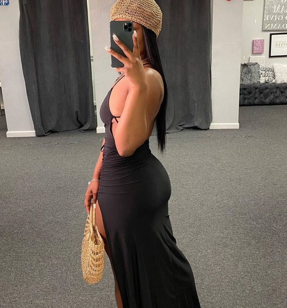 Black Backless High Split Maxi Dresses