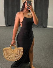 Black Backless High Split Maxi Dresses