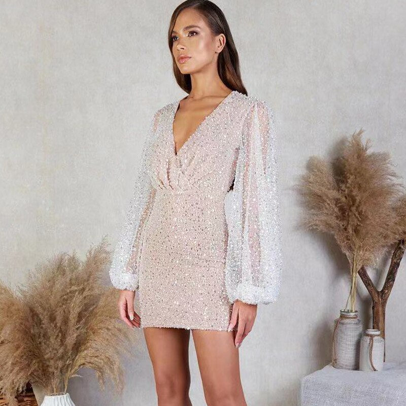 Beaded Lantern Sleeve Dress