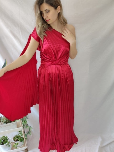 Satin Pleated Drape Sleeve Floor-Length Dresses