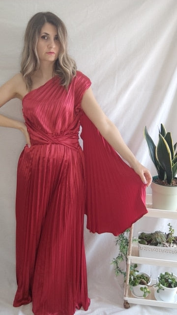 Satin Pleated Drape Sleeve Floor-Length Dresses