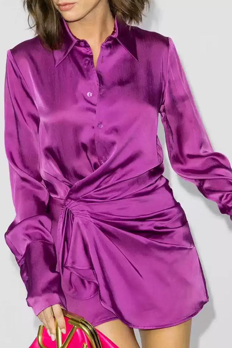 Asymmetric Long Sleeve Ruffle Ruched Satin Shirt Mini Dress - Fuchsia