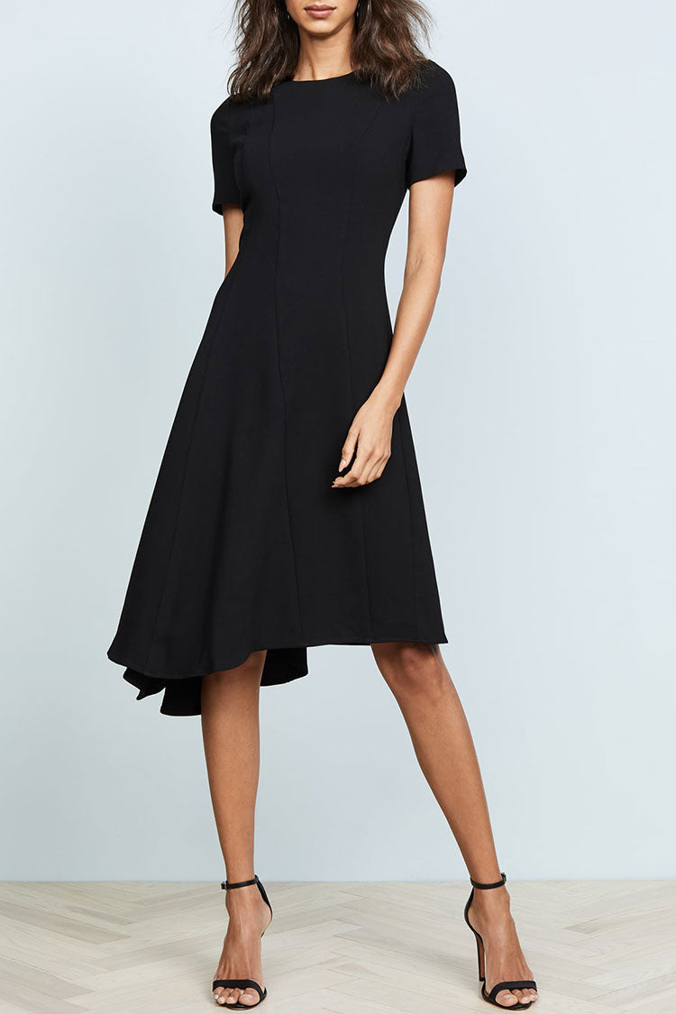 Asymmetrical Crew Neck Short Sleeve Fit & Flare Skater Midi Dress - Black