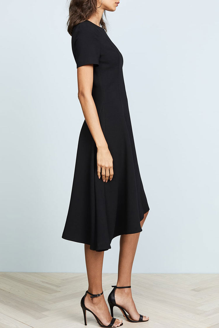 Asymmetrical Crew Neck Short Sleeve Fit & Flare Skater Midi Dress - Black