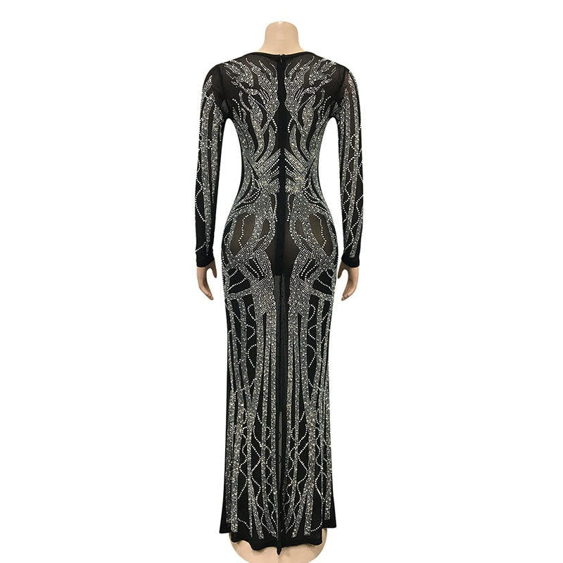 Black Deep V Mesh Crystal Beads Maxi Dress