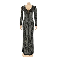 Black Deep V Mesh Crystal Beads Maxi Dress