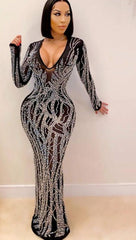 Black Deep V Mesh Crystal Beads Maxi Dress