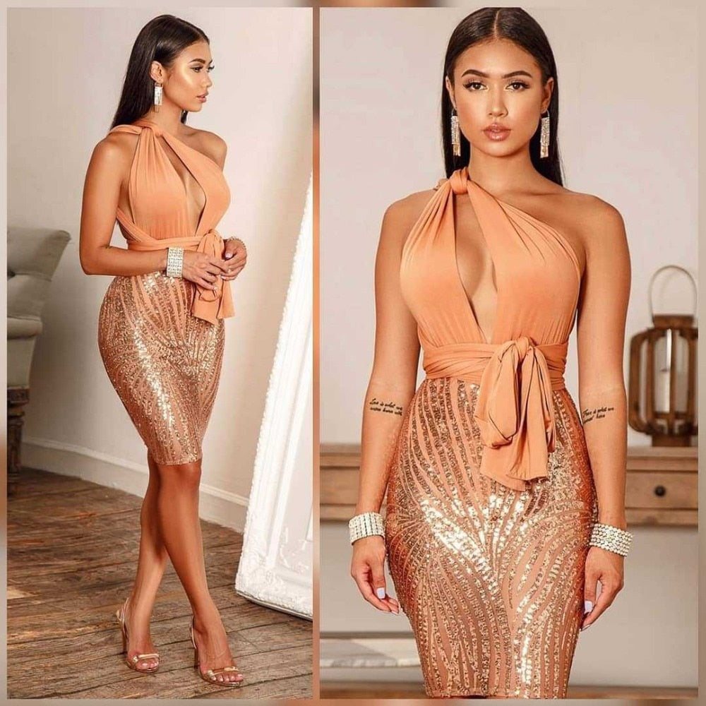 One Shoulder Bandage Sequin Mini Dress