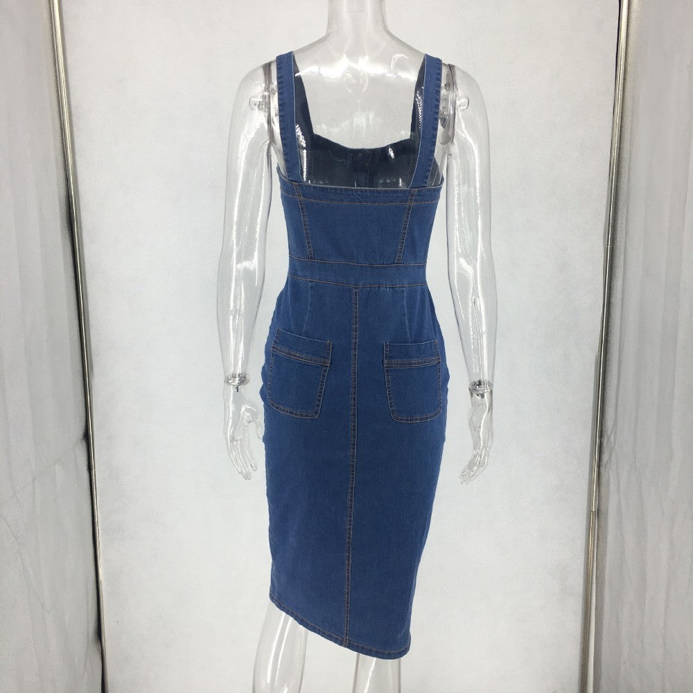 Blue Denim Spaghetti Strap Bodycon Midi Dresses