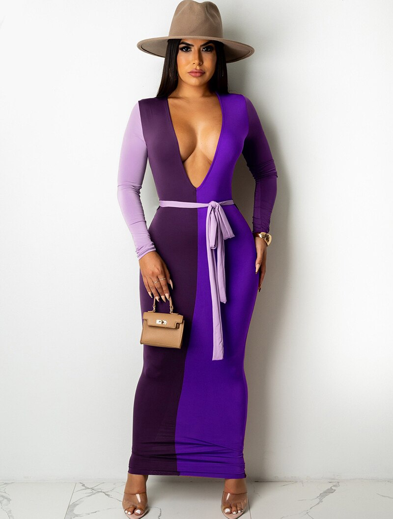 Deep V Color Block Long Sleeve Maxi Dresses