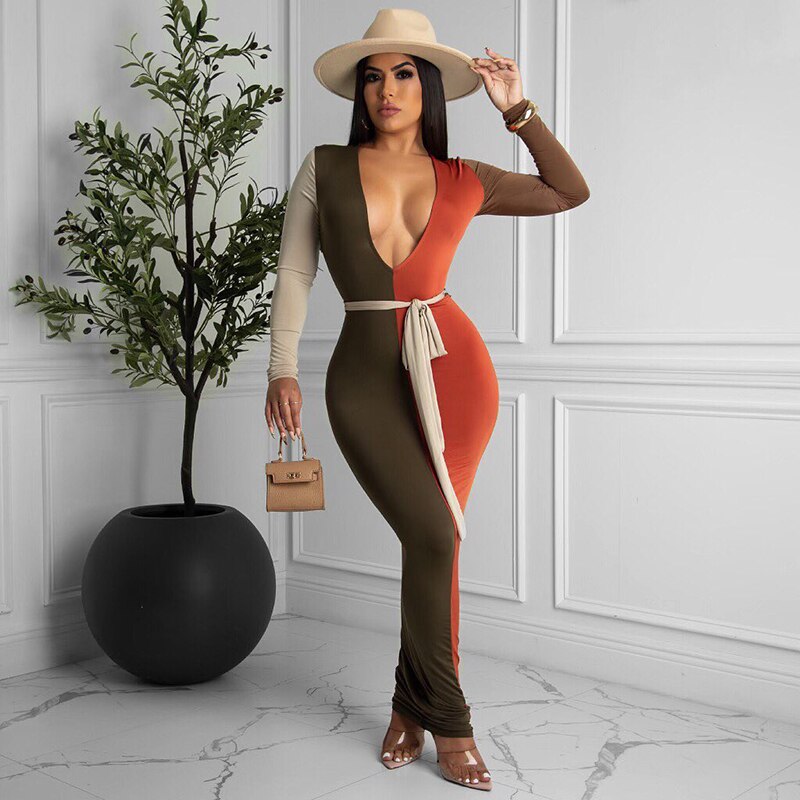 Deep V Color Block Long Sleeve Maxi Dresses