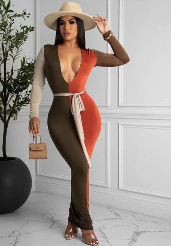 Deep V Color Block Long Sleeve Maxi Dresses