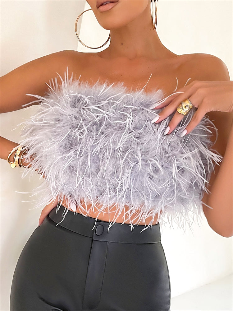 Strapless Women Feather Bandeau Crop Top