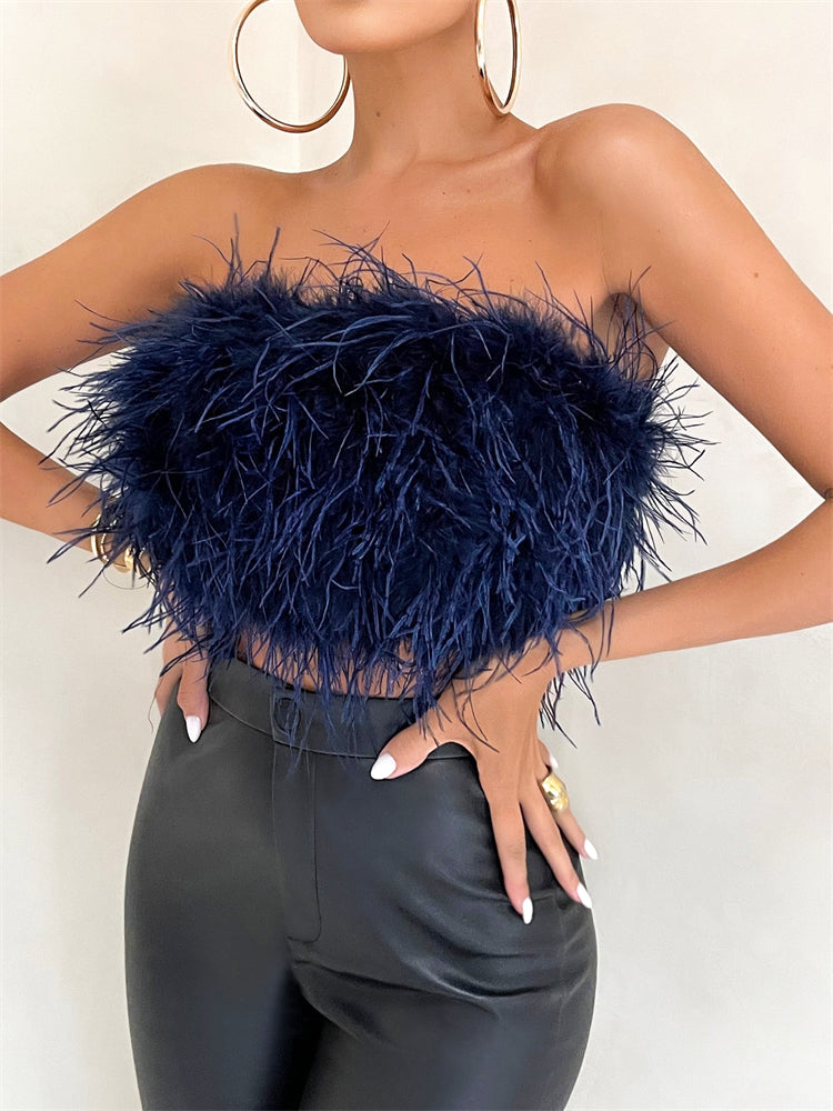 Strapless Women Feather Bandeau Crop Top