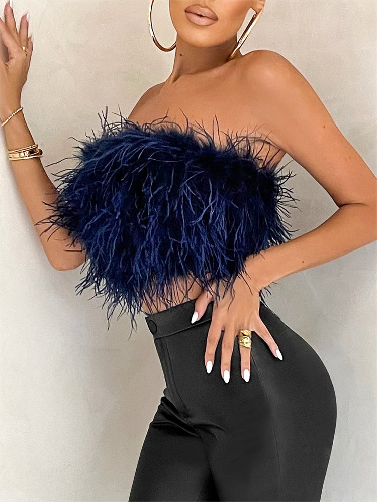 Strapless Women Feather Bandeau Crop Top