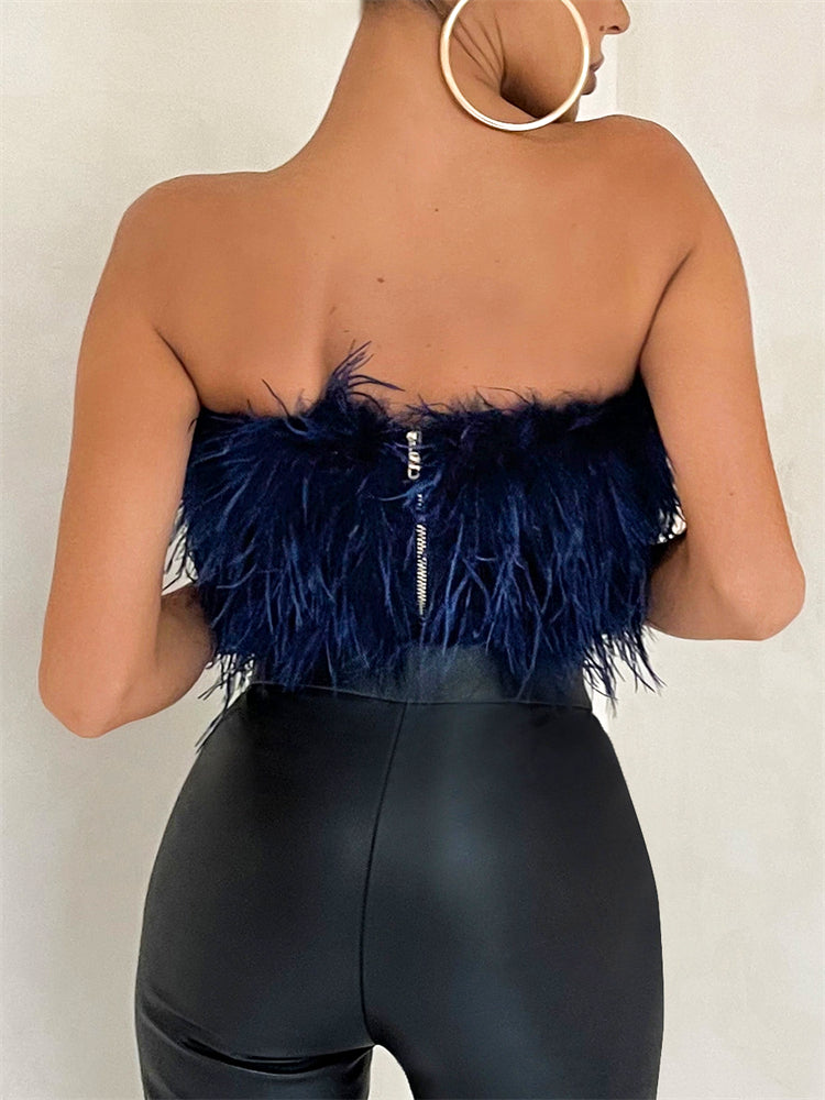 Strapless Women Feather Bandeau Crop Top