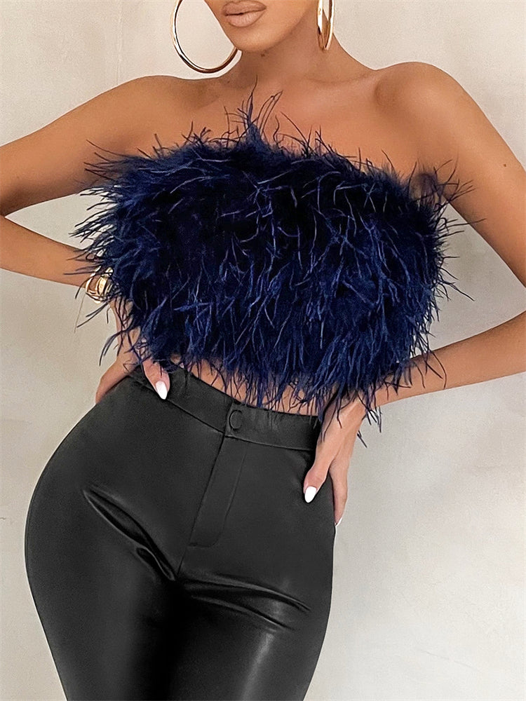 Strapless Women Feather Bandeau Crop Top