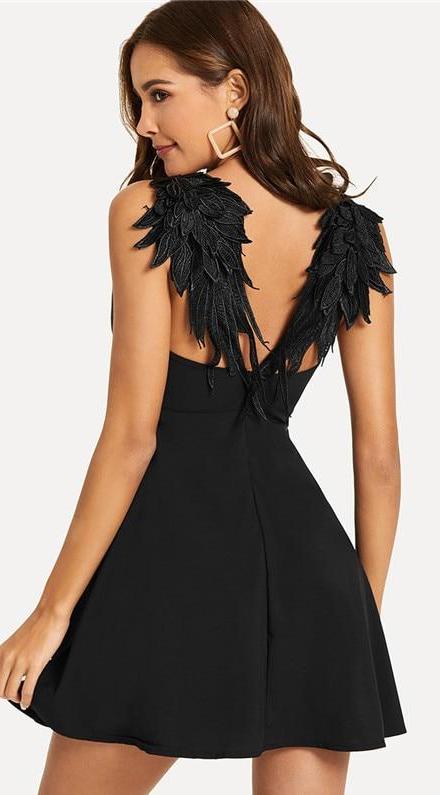 Black Back Wing V Neck Backless Dress