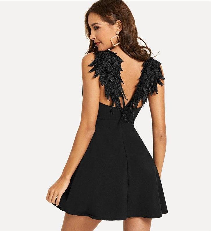 Black Back Wing V Neck Backless Dress