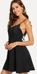 Black Back Wing V Neck Backless Dress