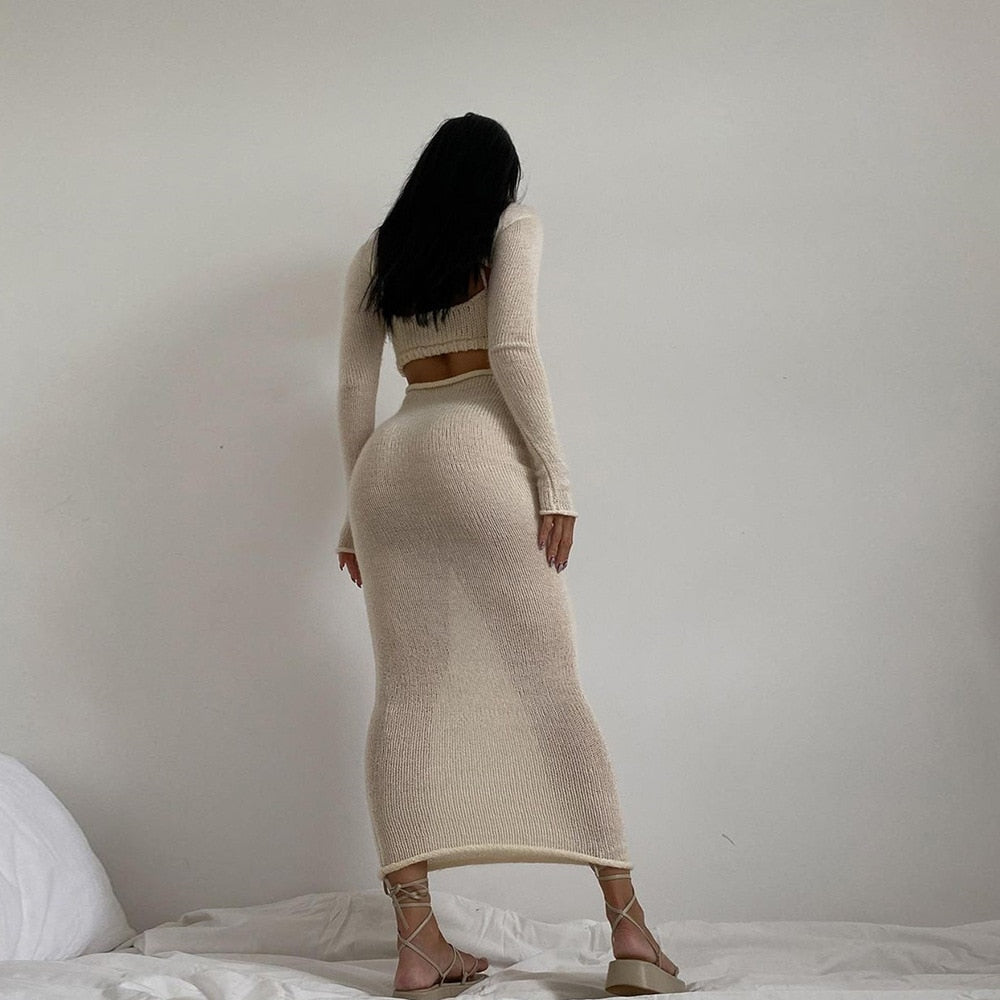 Knit See Through Backless Maxi Dress