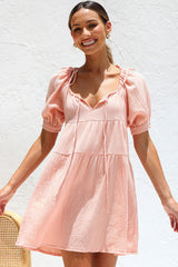 Cute Tie Neck Puff Sleeve Crinkled Cotton Blend Babydoll Mini Dress - Peach Pink