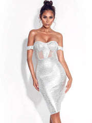 Shiny Metallic Off Shoulder Mesh Dresses