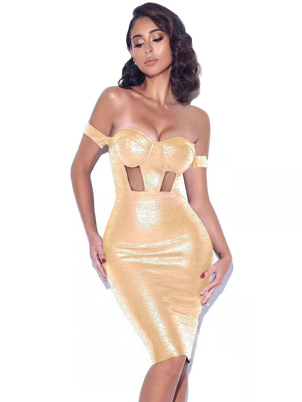 Shiny Metallic Off Shoulder Mesh Dresses