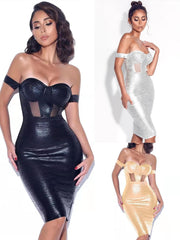 Shiny Metallic Off Shoulder Mesh Dresses