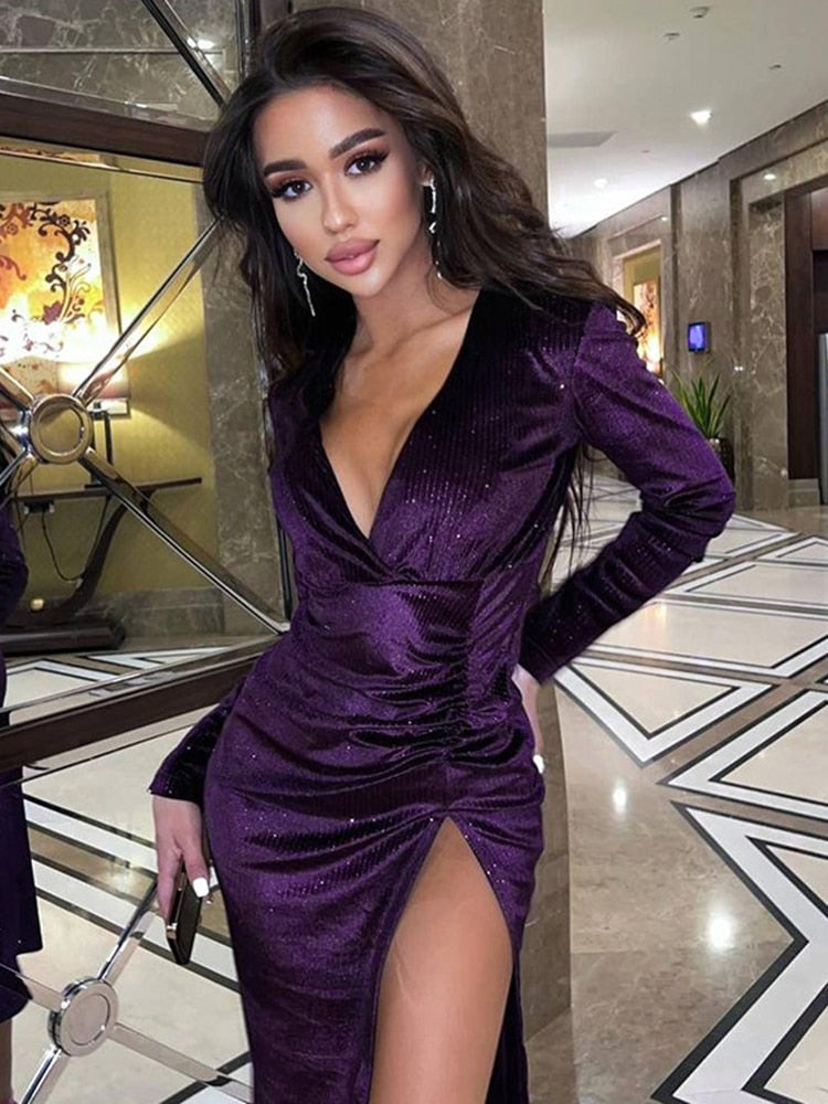 Sparkle Long Sleeve V Neck Side Slit Dresses