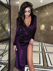 Sparkle Long Sleeve V Neck Side Slit Dresses