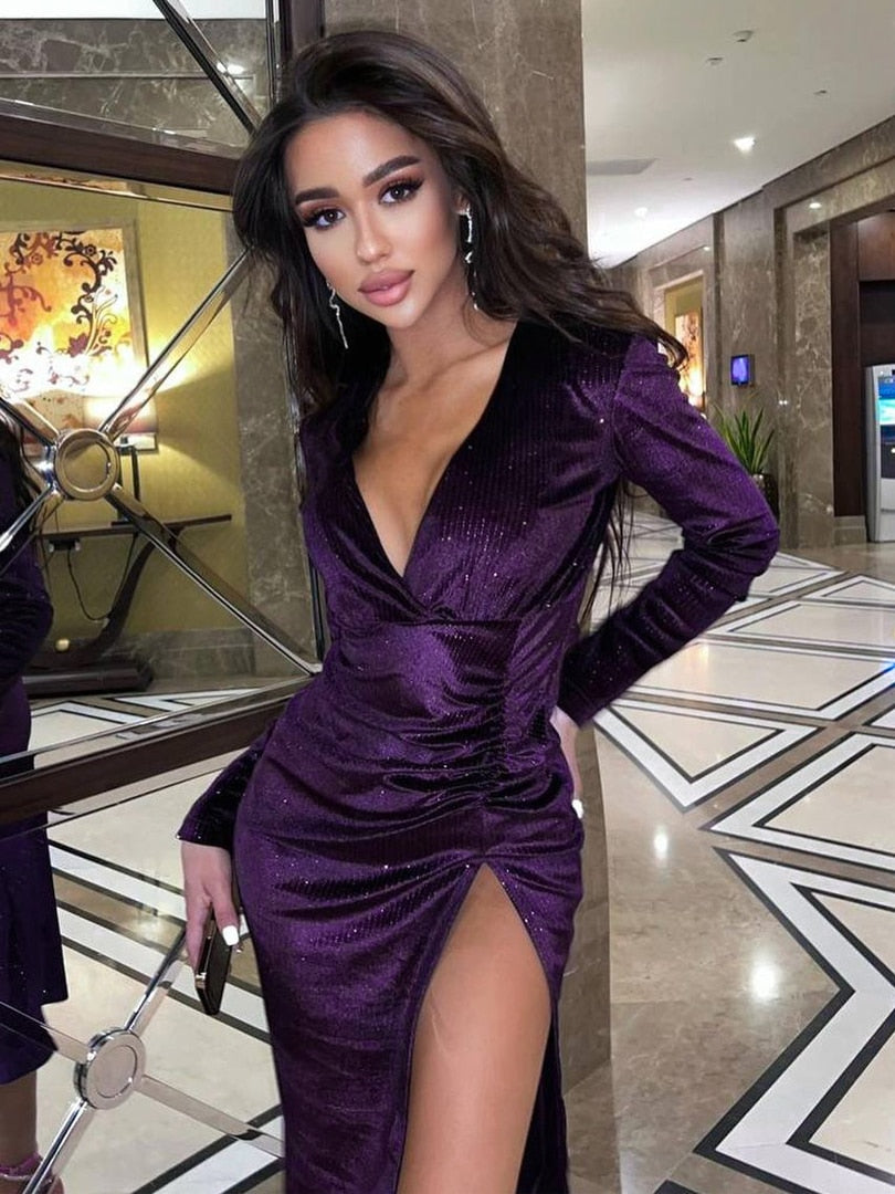 Sparkle Long Sleeve V Neck Side Slit Dresses