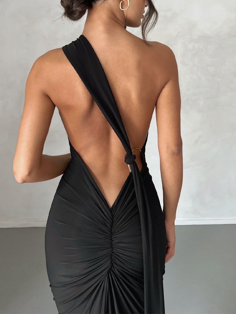 Elongated Sash Halter Sleeveless Open Back Maxi Dress